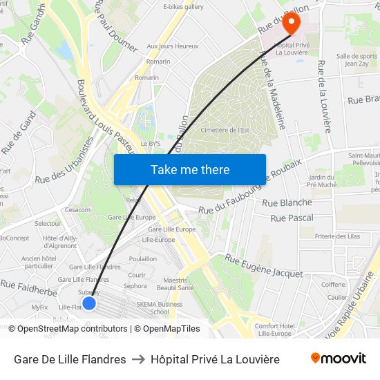Gare De Lille Flandres to Hôpital Privé La Louvière map