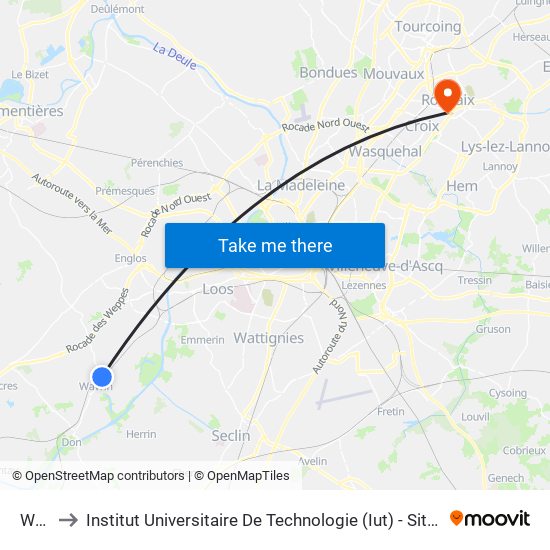 Wavrin to Institut Universitaire De Technologie (Iut) - Site Avenue Du Maréchal Foch (Stid) map
