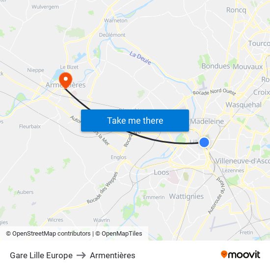 Gare Lille Europe to Armentières map