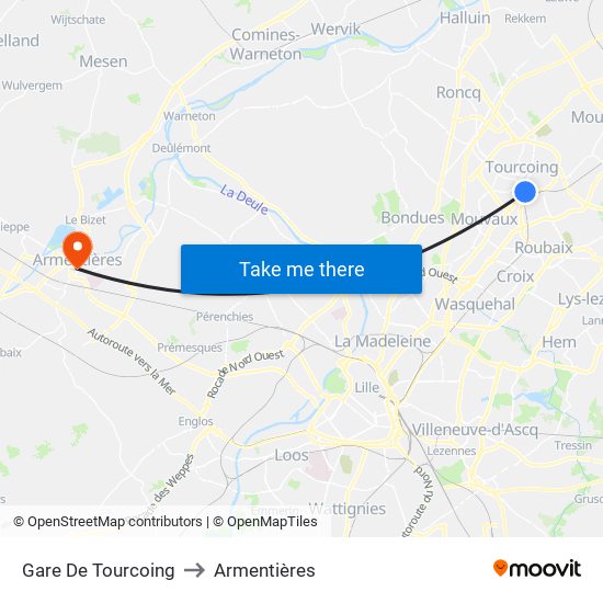 Gare De Tourcoing to Armentières map