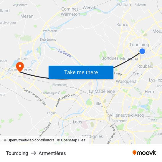 Tourcoing to Armentières map