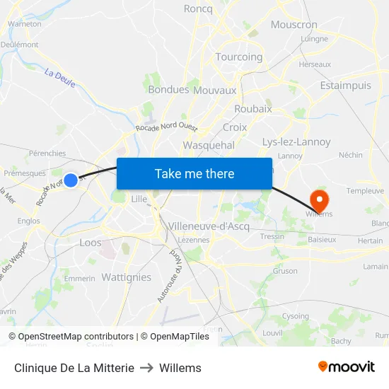 Clinique De La Mitterie to Willems map