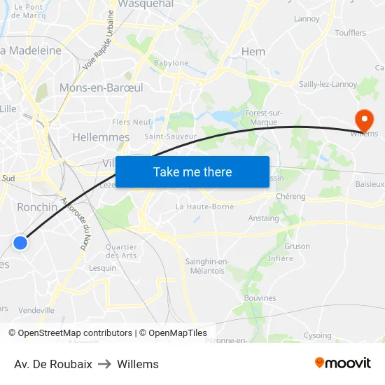 Av. De  Roubaix to Willems map