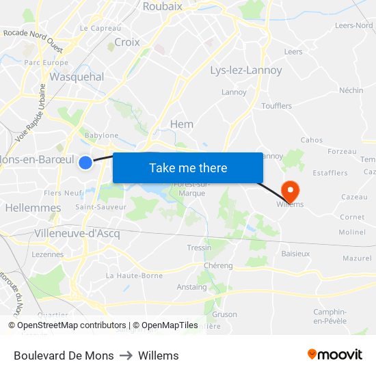 Boulevard De Mons to Willems map