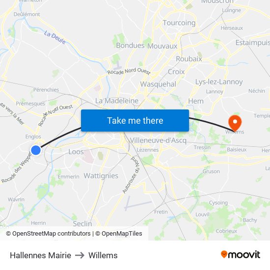 Hallennes Mairie to Willems map