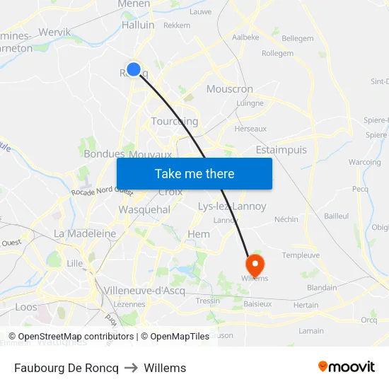 Faubourg De Roncq to Willems map