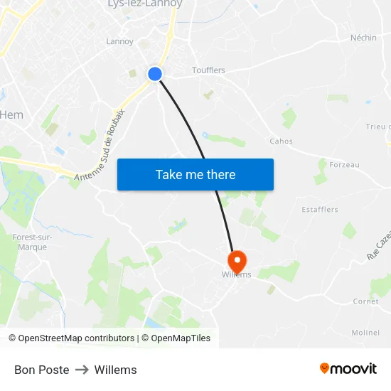 Bon Poste to Willems map