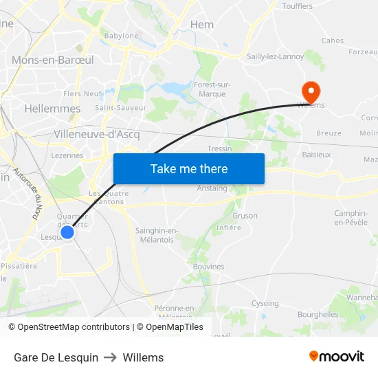 Gare De Lesquin to Willems map