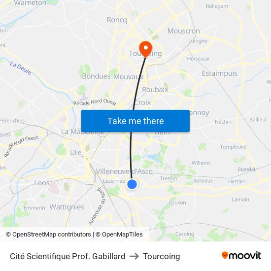 Cité Scientifique Prof. Gabillard to Tourcoing map