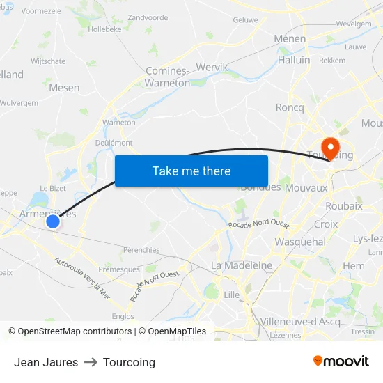Jean Jaures to Tourcoing map