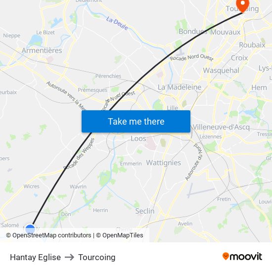 Hantay Eglise to Tourcoing map