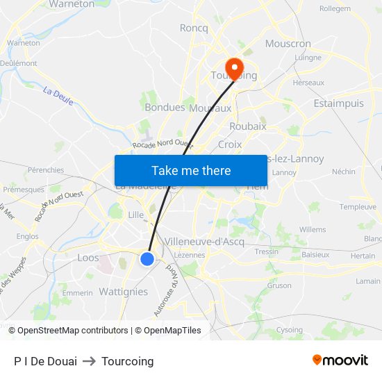 P I De Douai to Tourcoing map