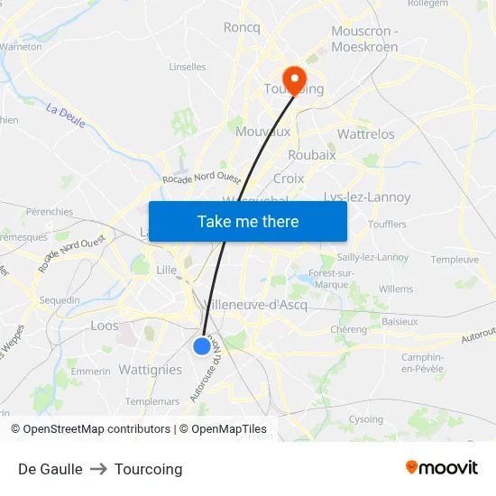 De Gaulle to Tourcoing map
