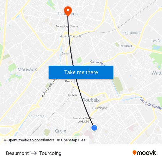 Beaumont to Tourcoing map