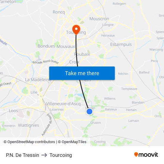 P.N. De Tressin to Tourcoing map