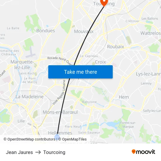 Jean Jaures to Tourcoing map