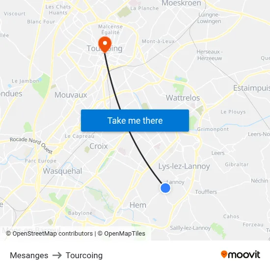 Mesanges to Tourcoing map