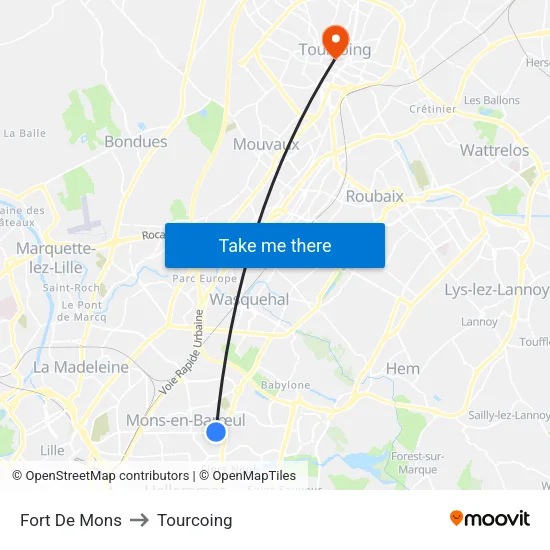 Fort De Mons to Tourcoing map