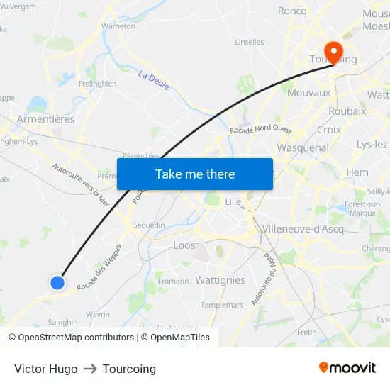 Victor Hugo to Tourcoing map