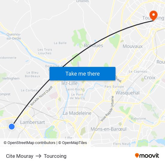 Cite Mouray to Tourcoing map