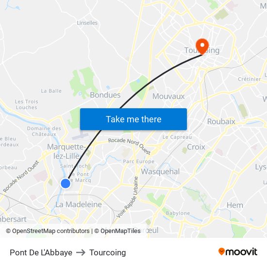 Pont De L'Abbaye to Tourcoing map