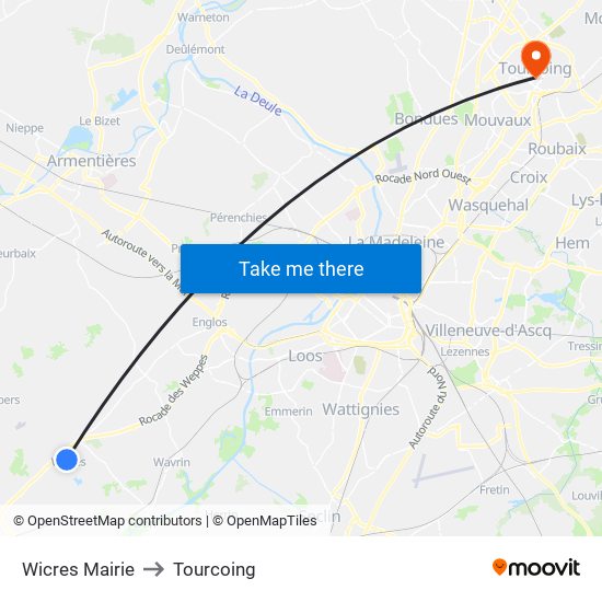 Wicres Mairie to Tourcoing map