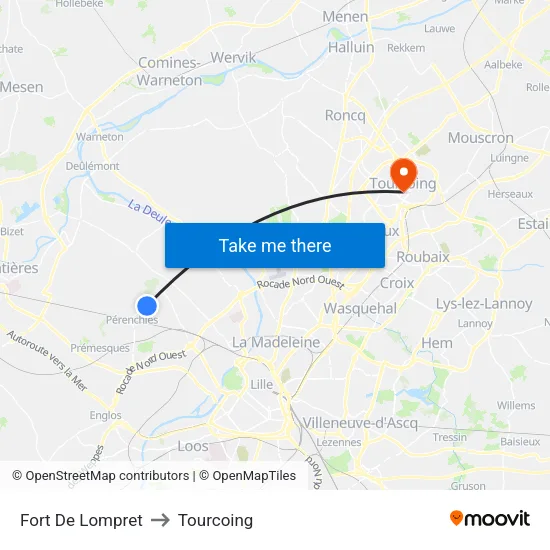 Fort De Lompret to Tourcoing map