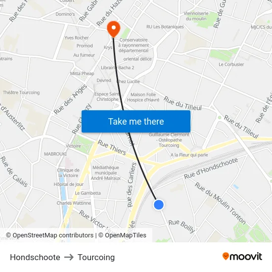 Hondschoote to Tourcoing map