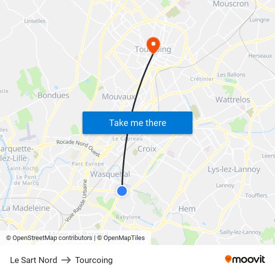 Le Sart Nord to Tourcoing map