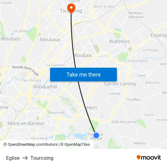 Eglise to Tourcoing map