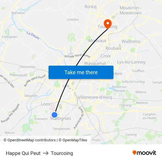 Happe Qui Peut to Tourcoing map