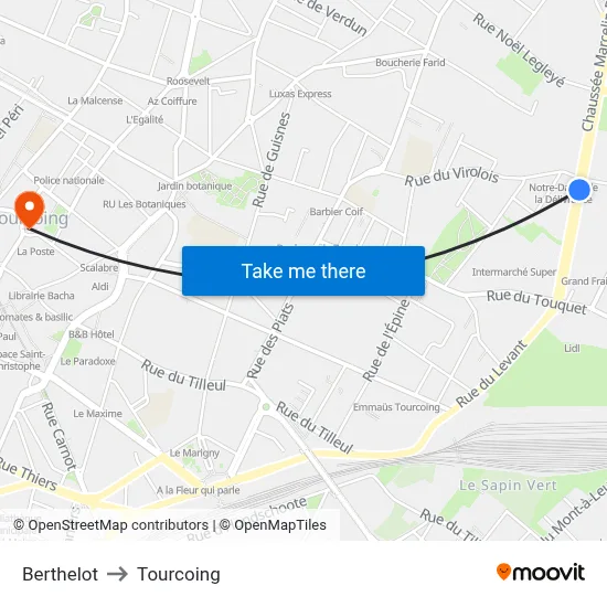 Berthelot to Tourcoing map