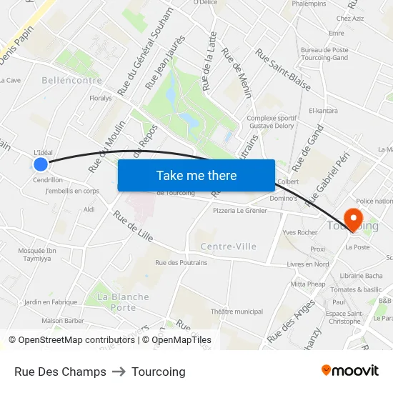 Rue Des Champs to Tourcoing map