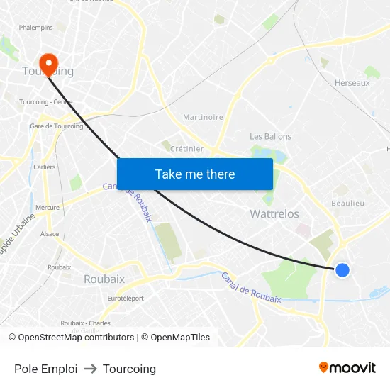 Pole Emploi to Tourcoing map