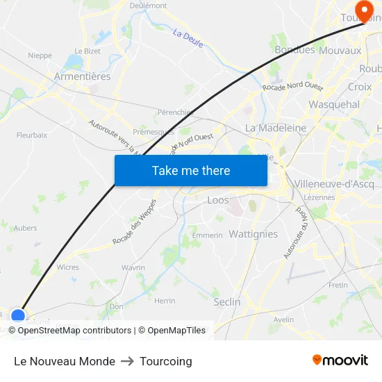 Le Nouveau Monde to Tourcoing map