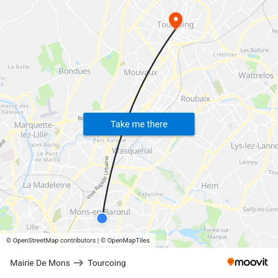 Mairie De Mons to Tourcoing map