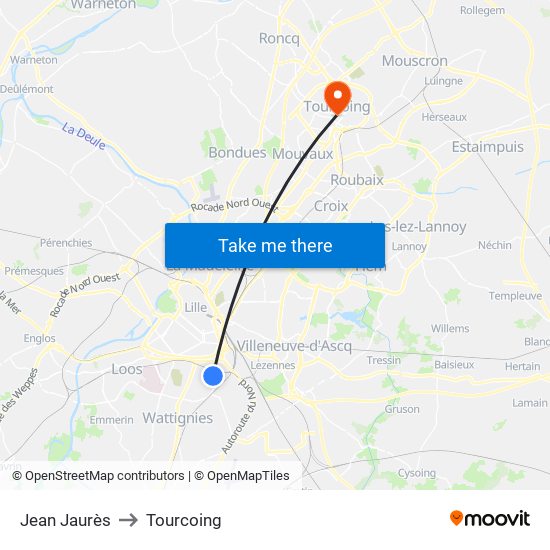 Jean Jaurès to Tourcoing map