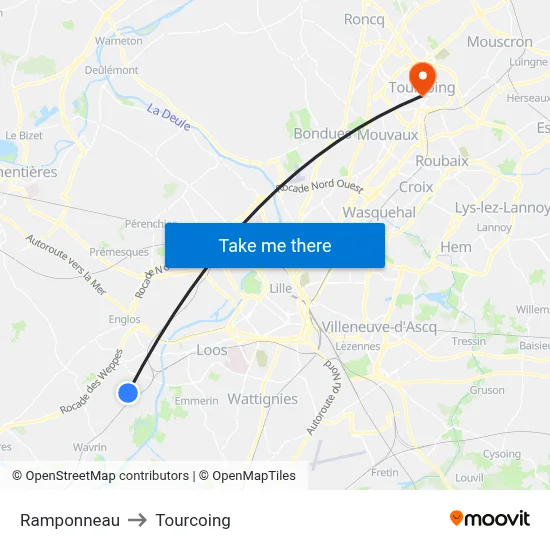 Ramponneau to Tourcoing map