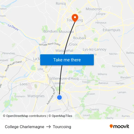 College Charlemagne to Tourcoing map