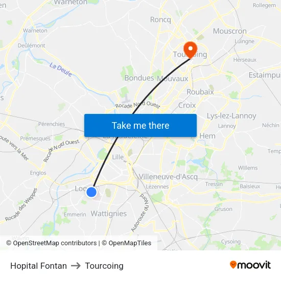 Hopital Fontan to Tourcoing map