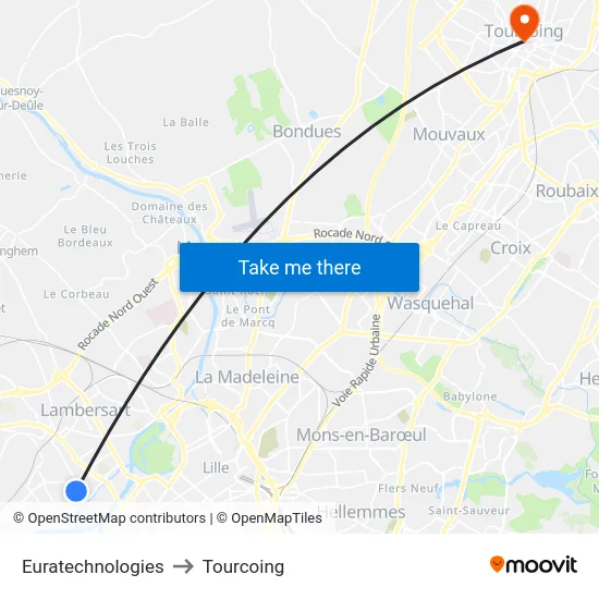 Euratechnologies to Tourcoing map