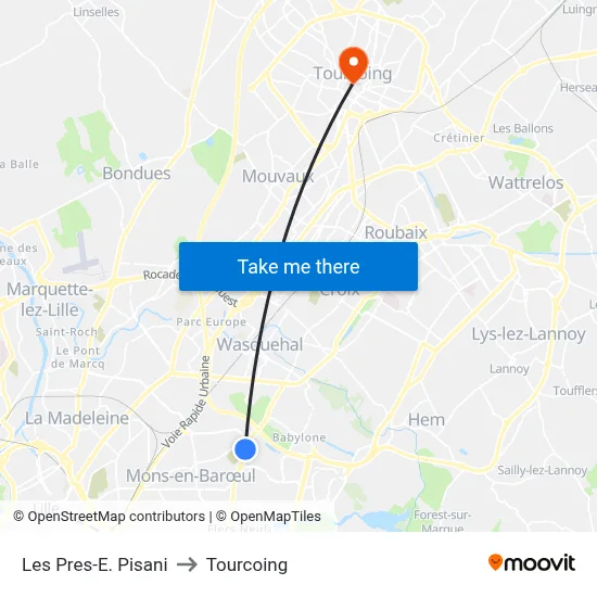 Les Pres-E. Pisani to Tourcoing map