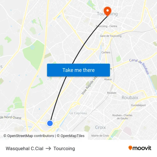 Wasquehal C.Cial to Tourcoing map