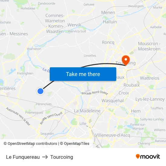 Le Funquereau to Tourcoing map