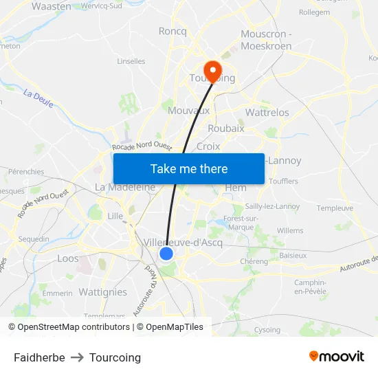 Faidherbe to Tourcoing map