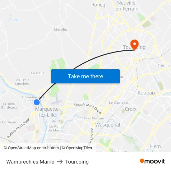 Wambrechies Mairie to Tourcoing map