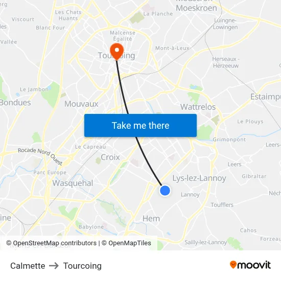 Calmette to Tourcoing map