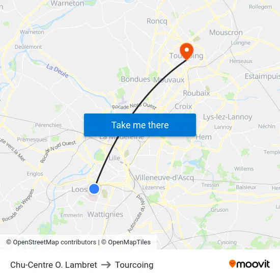 Chu-Centre O. Lambret to Tourcoing map