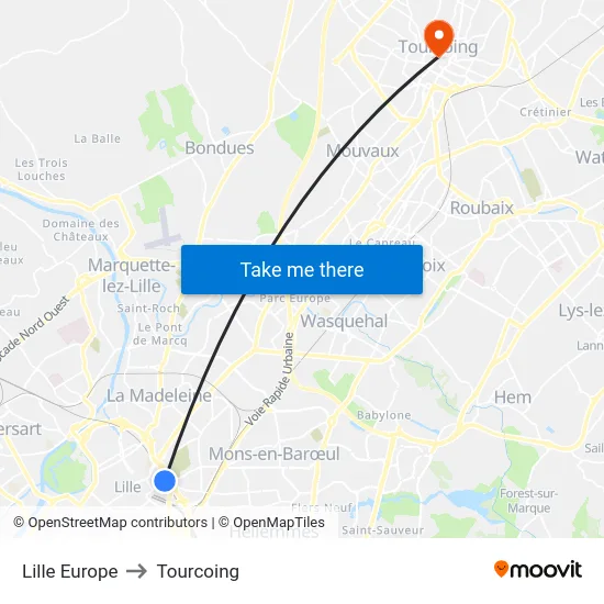 Lille Europe to Tourcoing map