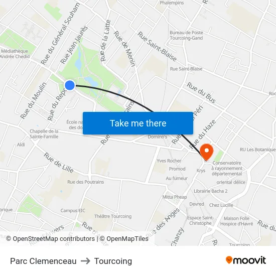 Parc Clemenceau to Tourcoing map